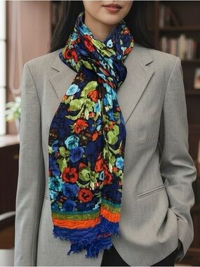 Bright Bold Lightweight Blue Red Green Floral Multicolor Women's Scarf
